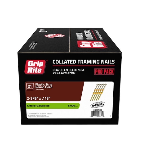 Collated Framing Nail, 2-3/8 in L, 12 ga, Hot Dipped Galvanized, Round Head, 21 Degrees, 5000 PK